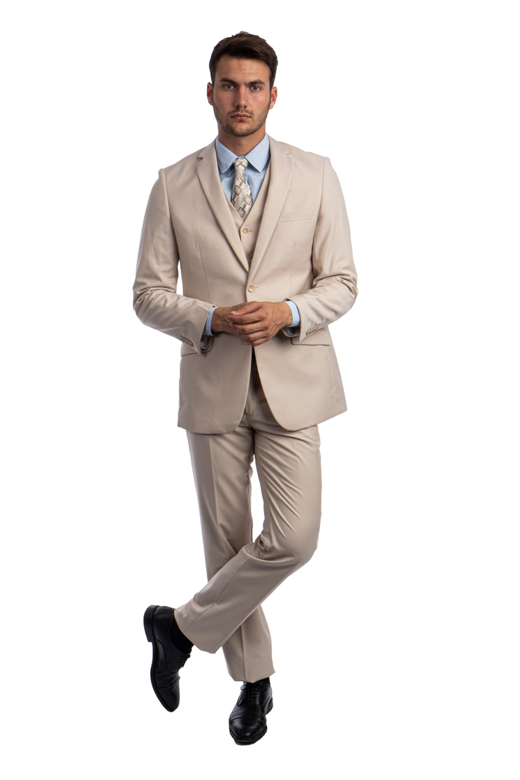 Men's Hybrid Fit 3 Piece Suit (Coat, Vest, Trousers) - Tan