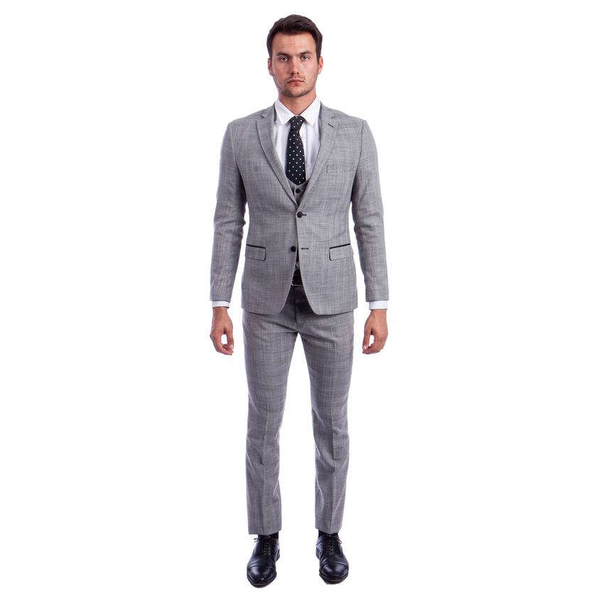 Mens Skinny Fit Suits 3 Piece Set - Light Grey