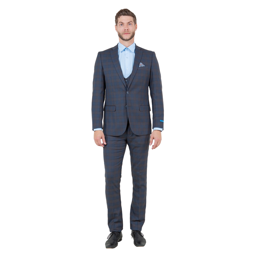 Mens Skinny Fit Suits 3 Piece Set - Blue / Brown