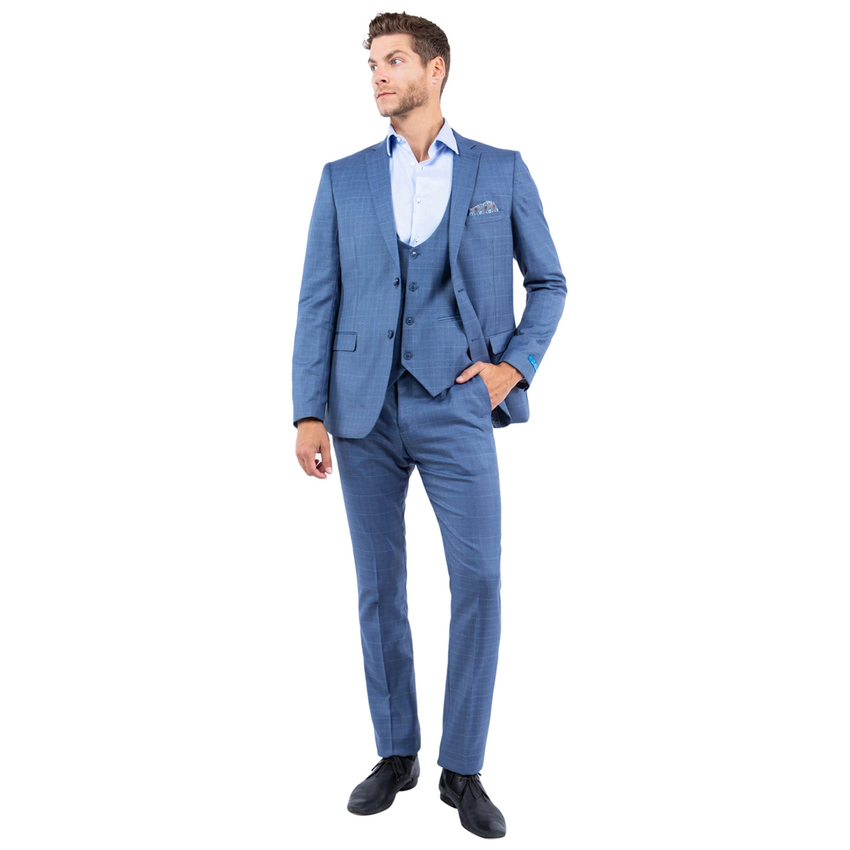Men's Skinny Fit Plaid Suit 3 Piece Set - Mid Blue
