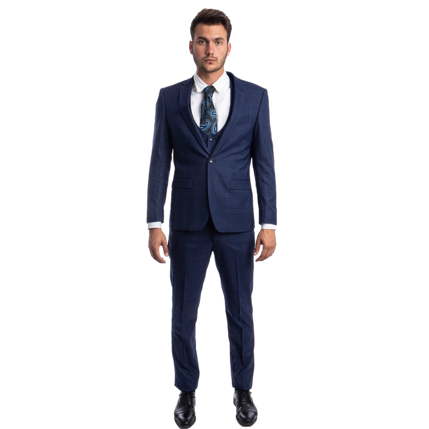 Men's Glen Check 3 Piece Suit - Blue
