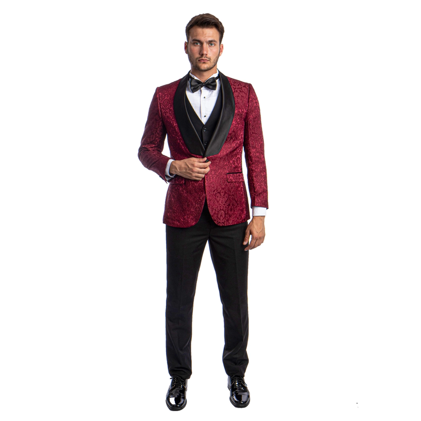 Men's Paisley Hybrid Fit 3 Piece Suit - Burgundy