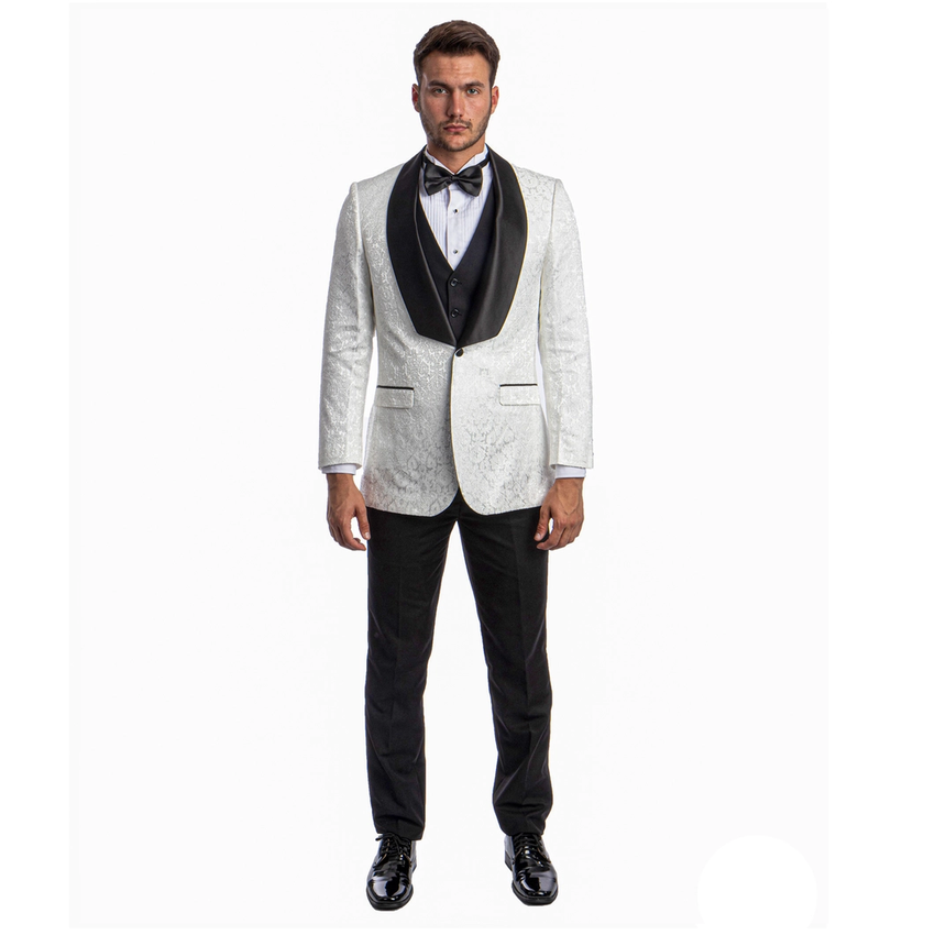 Men's Paisley Hybrid Fit 3 Piece Suit - White