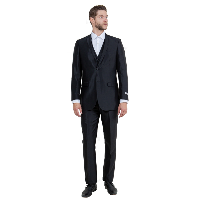 Men's Sharkskin Slim Fit Suit 3 Piece - Black