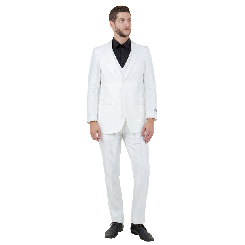 Men's Sharkskin Slim Fit Suit 3 Piece - Ivory
