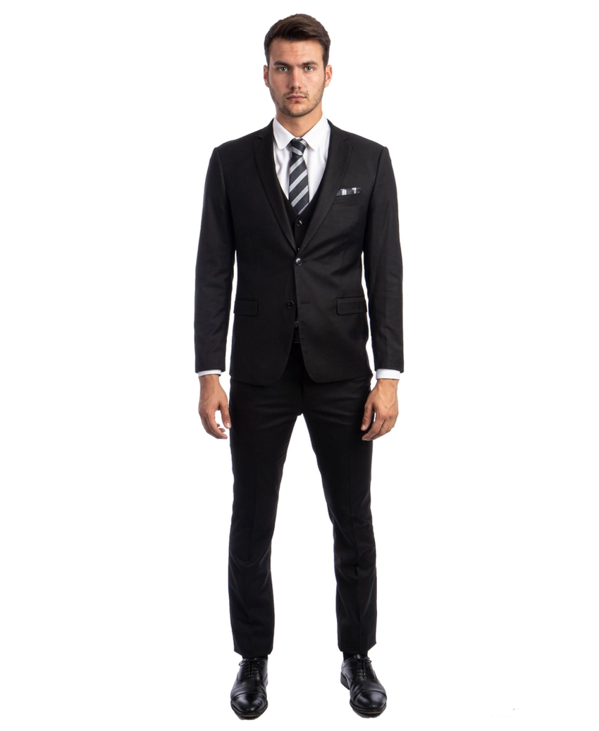 Light Weight Men's Stretch Skinny Fit 3-Piece Suit - Black