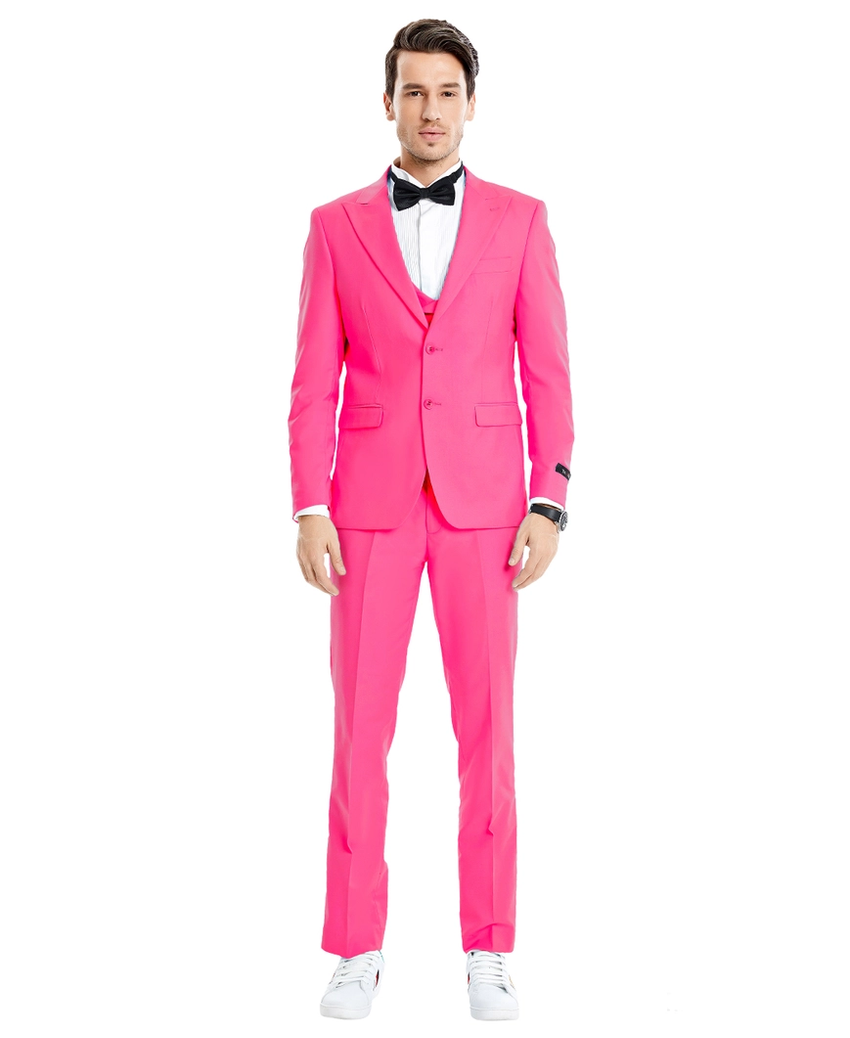 Light Weight Men's Linen Skinny Fit 3-Piece Suit - Fuchsia