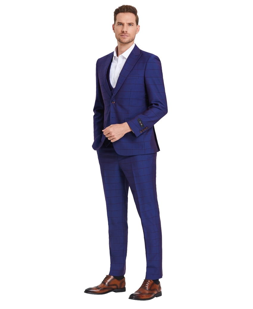 Men's 3-Piece Plaid Suit with Diagonal Vest - Admiral Blue