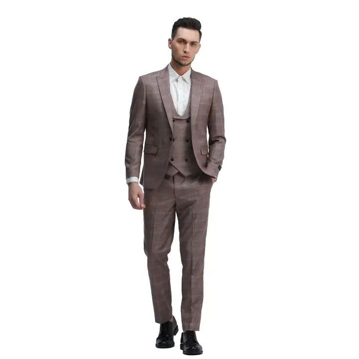 Men's 3-Piece Double Breasted Vest Plaid Suit - Rose
