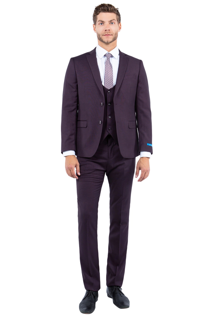 Men's 3-Piece Solid 2 Button Fashion Suit - Burgundy