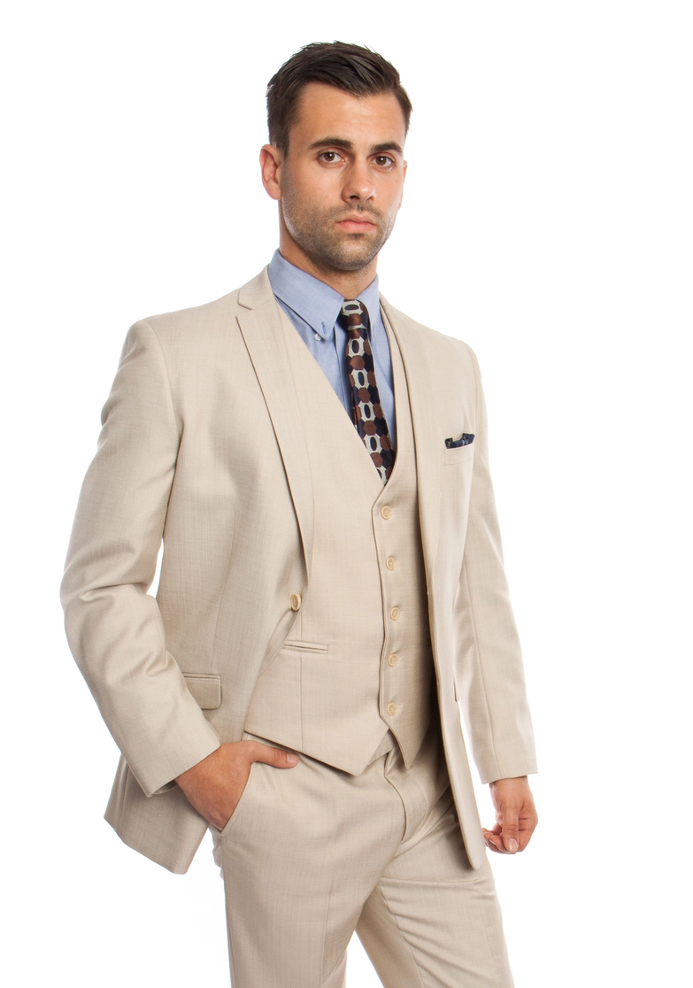 Men's 3-Piece Sharkskin Fashion Suit - Tan