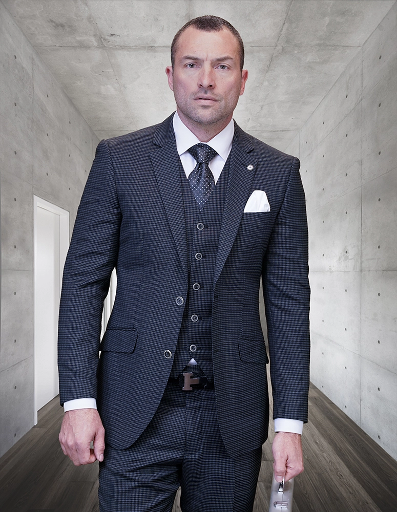 Salote 3-Piece Plaid Men's Suit Set in Italian Wool & Cashmere - Black