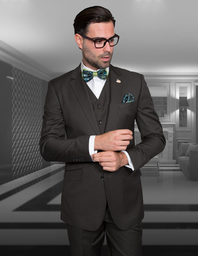 100% Italian Wool Men's 3-Piece Suit - Olive