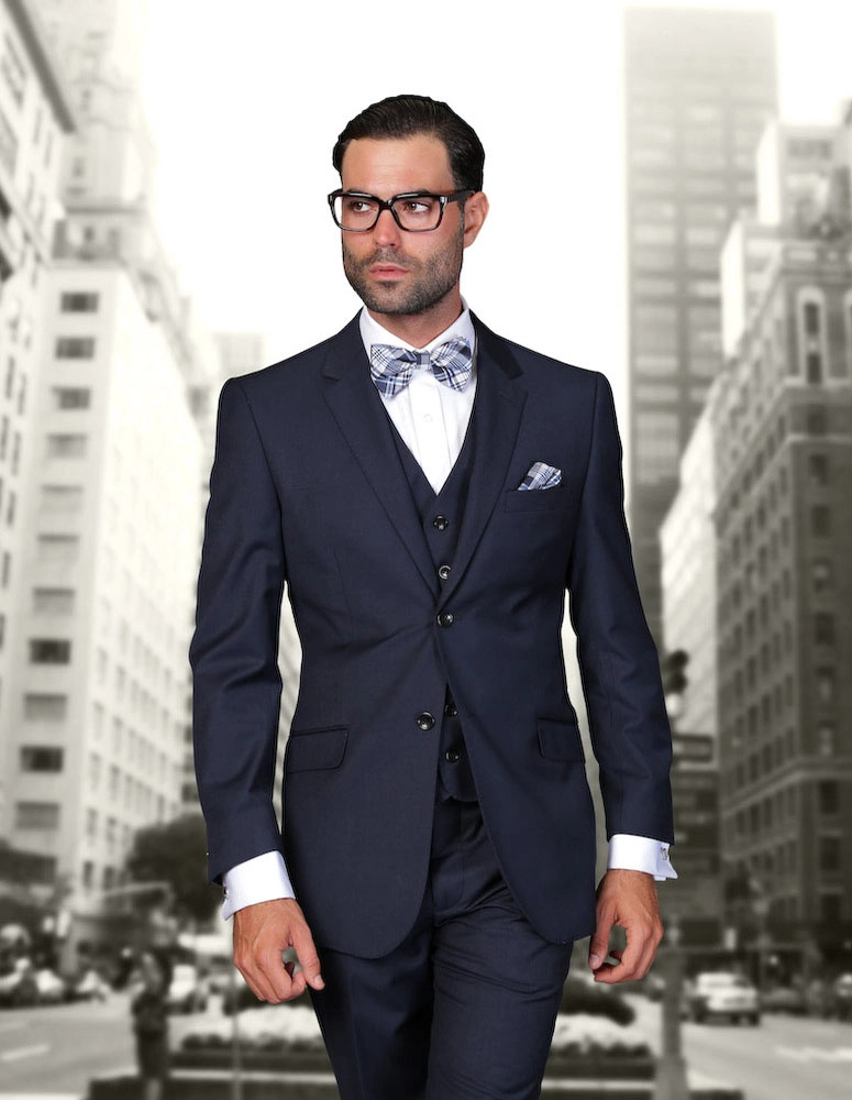 100% Italian Wool Men's 3-Piece Suit - Navy