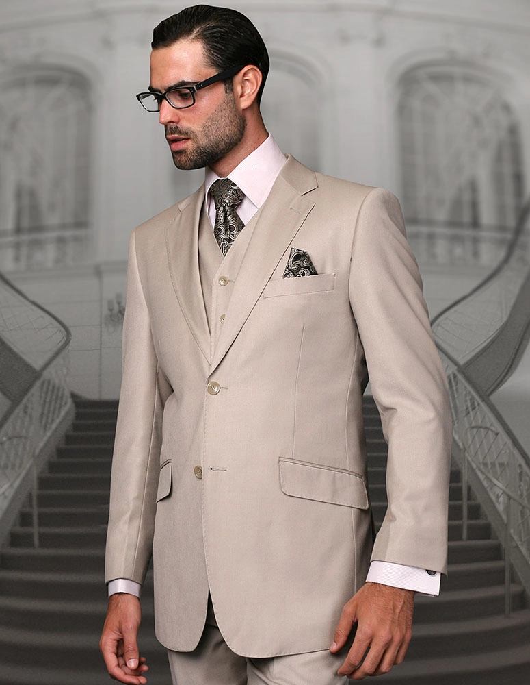100% Italian Wool Men's 3-Piece Suit - Tan