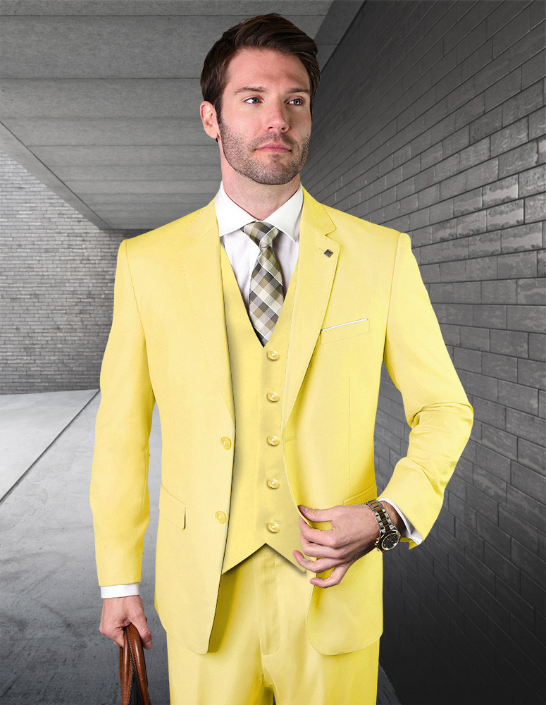 100% Italian Wool Men's 3-Piece Suit - Yellow