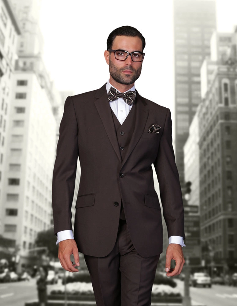 100% Italian Wool Men's 3-Piece Suit - Brown