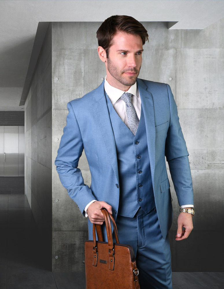 100% Italian Wool Men's 3-Piece Suit - Steel Blue