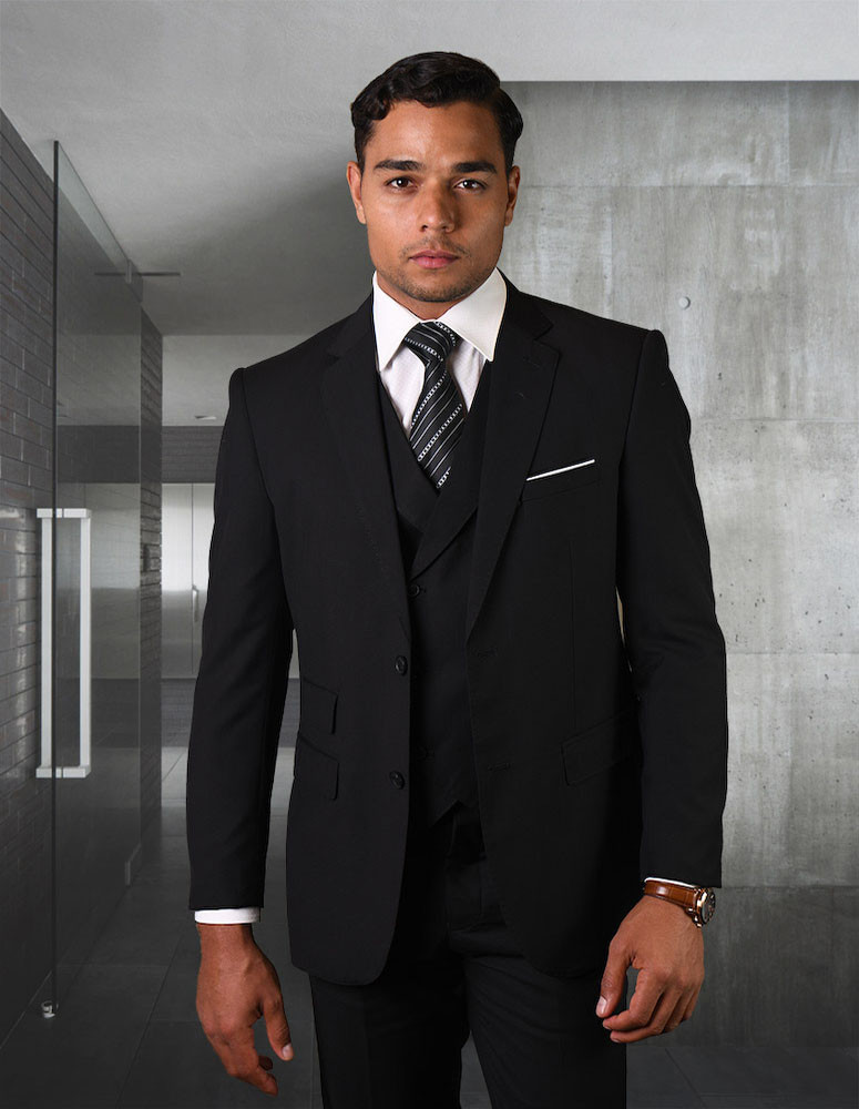 100% Italian Wool Men's 3-Piece Suit - Black
