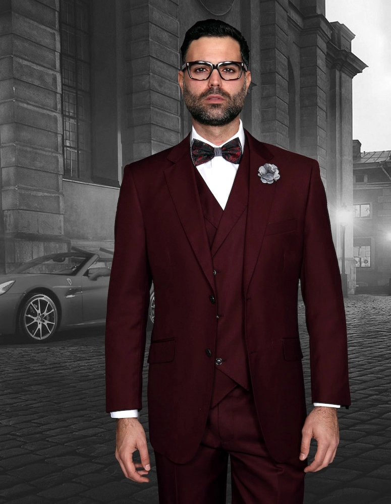 Messina 3-Piece Solid Color Regular Fit Men's Suit Set - Burgundy