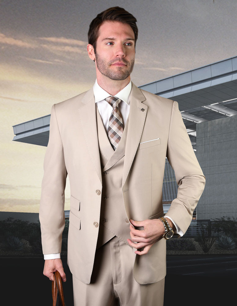 Messina 3-Piece Solid Color Regular Fit Men's Suit Set - Tan