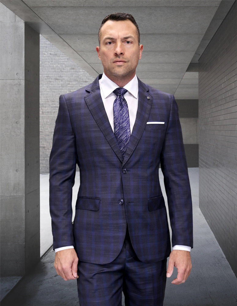 Men's Plaid 2-Piece Italian Wool Suit Set - H. Charcoal