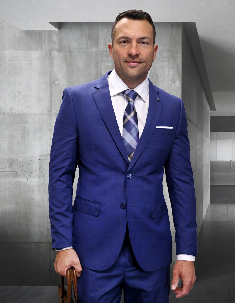 Men's Plaid 2-Piece Italian Wool Suit Set - Indigo