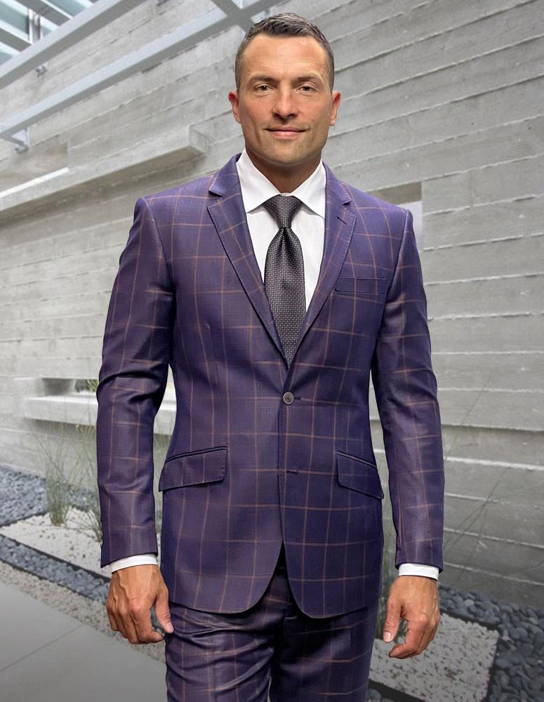 Porto-11 Plaid Handcrafted Italian Wool Suit Set - Eggplant