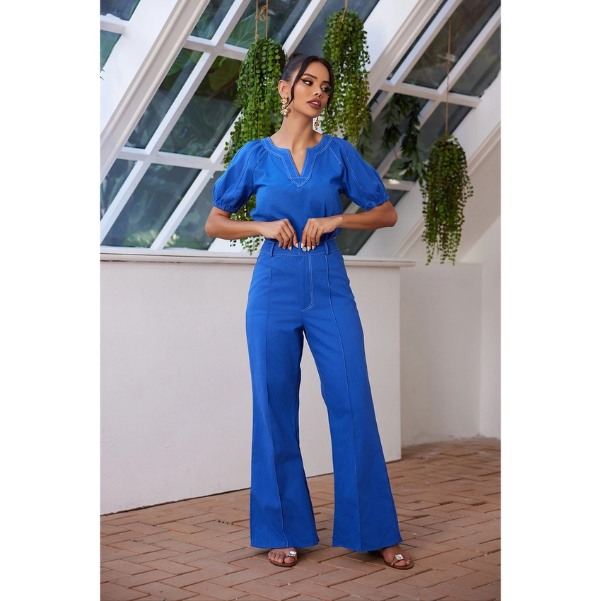 Women's Solid Color Ballon Sleeve Top Pant Set