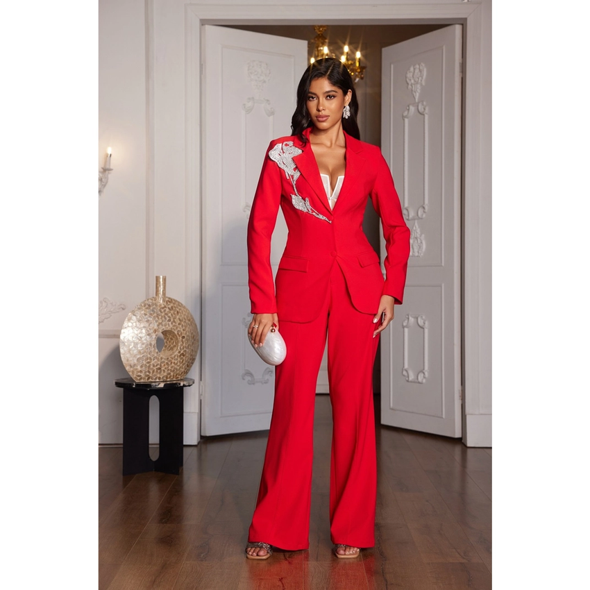 Women's Solid Color Rhinestone Long Sleeve Blazer Pant Set