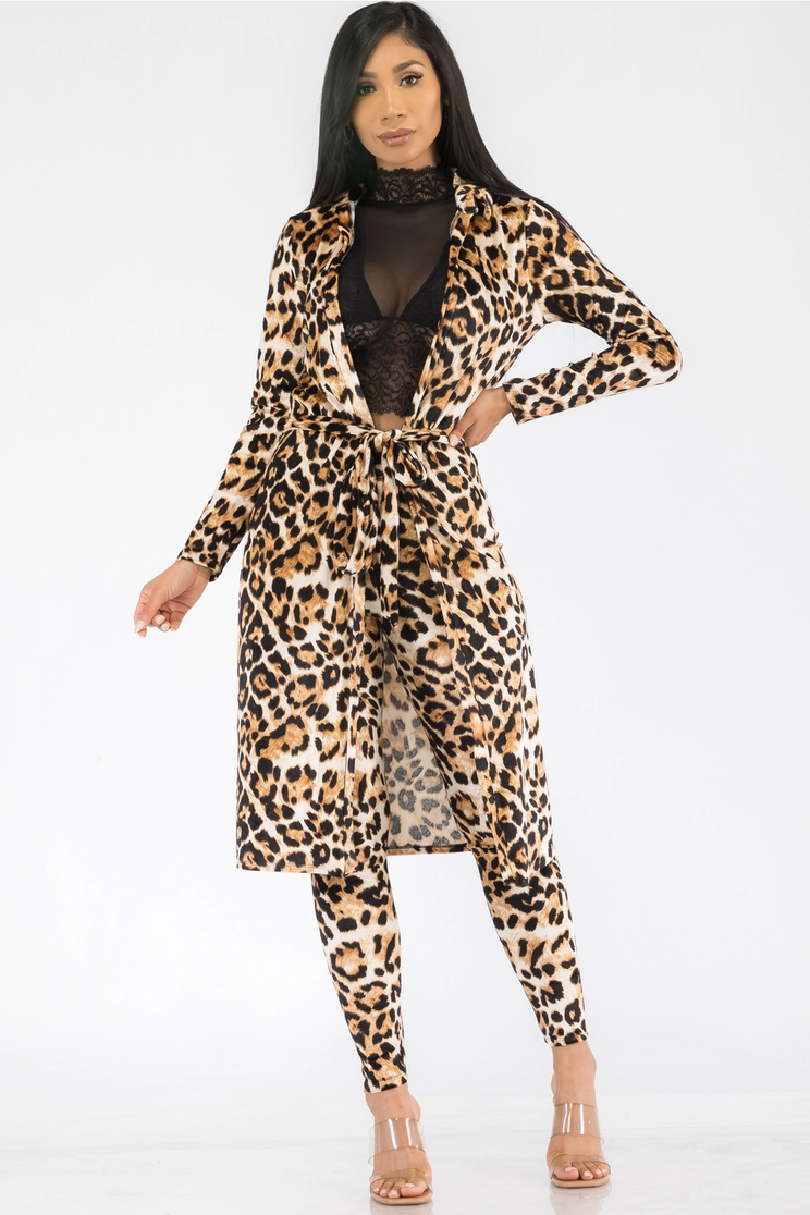 Women's 2-Piece Pant & Kimono Set - Leopard