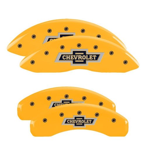 MGP 4 Caliper Covers Engraved Front & Rear Chevrolet 100 Anniversary Logo Yellow Finish Black Charac - 14005SBANYL Photo - Primary