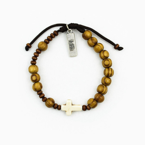 Chaplet Prayer Bracelet-(Wood Beads & White Howlite Cross)
