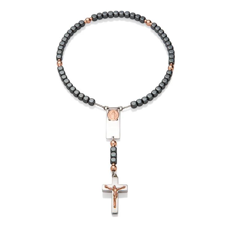 Magnificat Rosalet: Square Polished Hematite Beads, Rose Gold Pater Beads, Traditional by Ghirelli