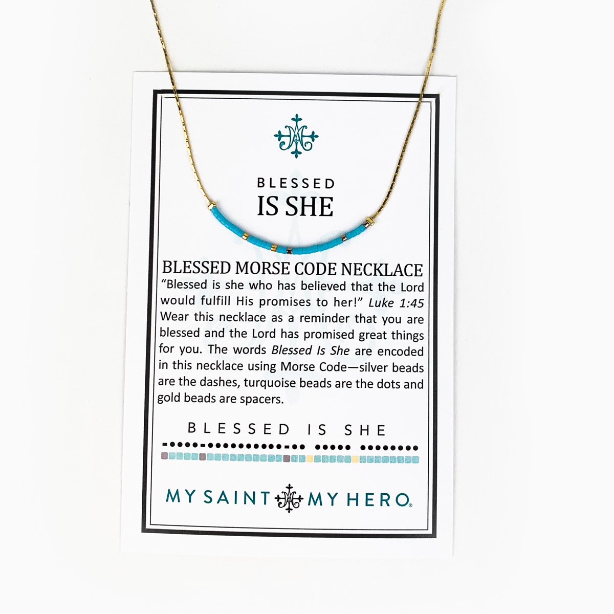 My Saint My Hero Hail Mary Morse Code Rope Necklace - Aqua/Silver