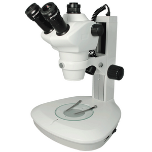 8X-50X Widefield Zoom Stereo Microscope, Trinocular, Track Stand (Track Length 300mm) LED Top and Bottom Light, Fan Shaped Base
