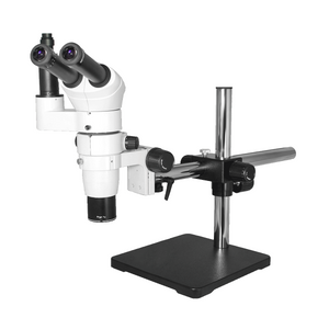 8X-80X Widefield Parallel Zoom Stereo Microscope, Trinocular, Single Arm Boom Stand + Single Port Photo/Video Beam Splitter, Compensating 20° Viewing Angle