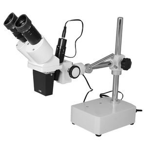 5X Widefield Stereo Microscope, Binocular, Single Arm Boom Stand with Arbor, LED Top Light