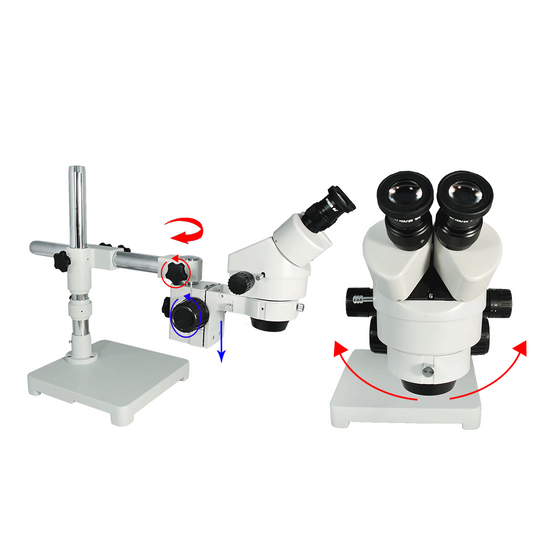 7X-45X Widefield Zoom Stereo Microscope, Binocular, Single Arm Boom Stand with Arbor