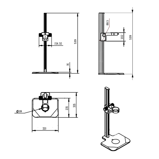 Microscope Track Stand, 39mm Coarse Focus Rack, 520mm Track Length