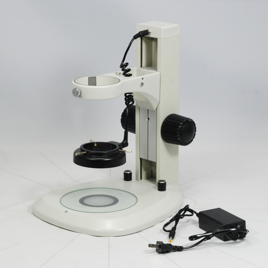 Microscope Track Stand, 76mm Coarse Focus Rack, LED Ring Light, LED Light Base, Fan-Shape (Dimmable)