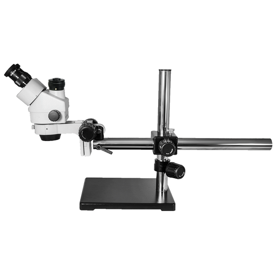 7X-45X Widefield Zoom Stereo Microscope, Trinocular, Single Arm Boom Stand (Siedentopf)