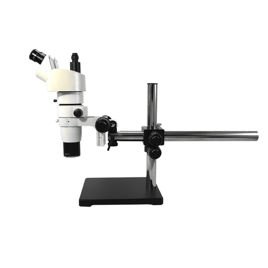 8X-80X Widefield Parallel Zoom Stereo Microscope, Trinocular, Single Arm Boom Stand + Single Port Photo/Video Beam Splitter, Siedentopf 0-35° Viewing Angle