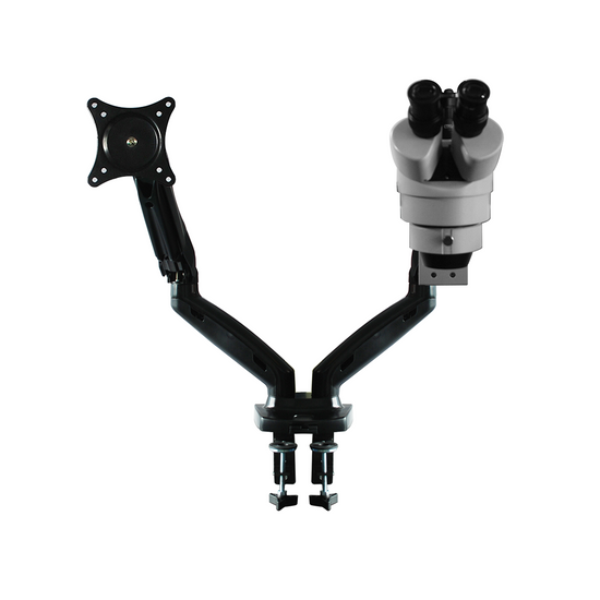 7X-45X Widefield Zoom Stereo Microscope, Trinocular, Pneumatic Articulating Arm Table Clamp + Monitor Holder