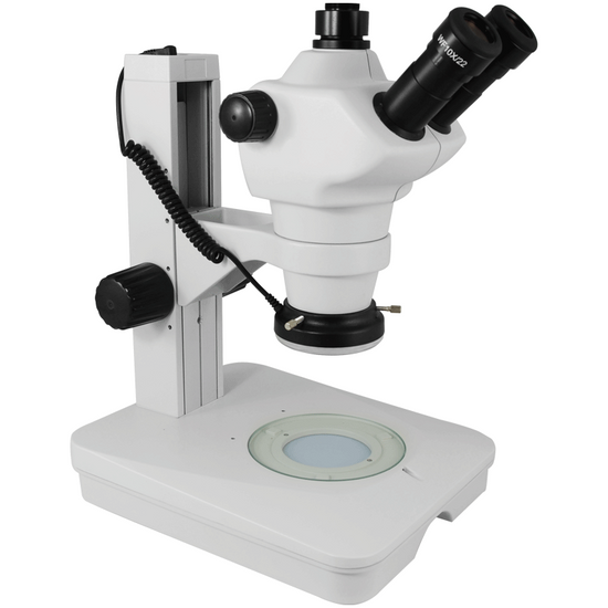 8X-50X Widefield Zoom Stereo Microscope, Trinocular, Track Stand (Track Length 300mm) LED Ring Light and Bottom Light, Rectangle Base