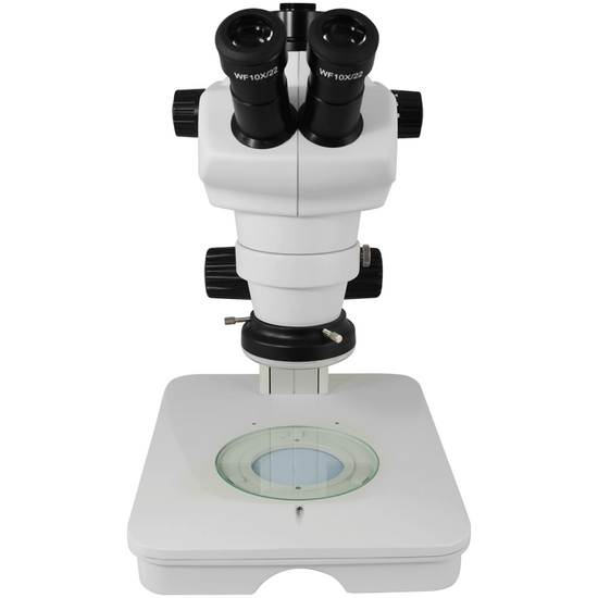 8X-50X Widefield Zoom Stereo Microscope, Trinocular, Track Stand (Track Length 300mm) LED Ring Light and Bottom Light, Rectangle Base