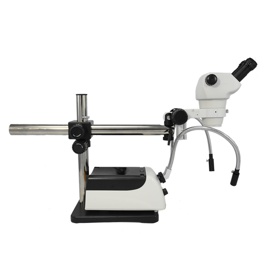 8X-50X Widefield Zoom Stereo Microscope, Binocular, Single Arm Boom Stand + Halogen Fiber Optic Illuminator