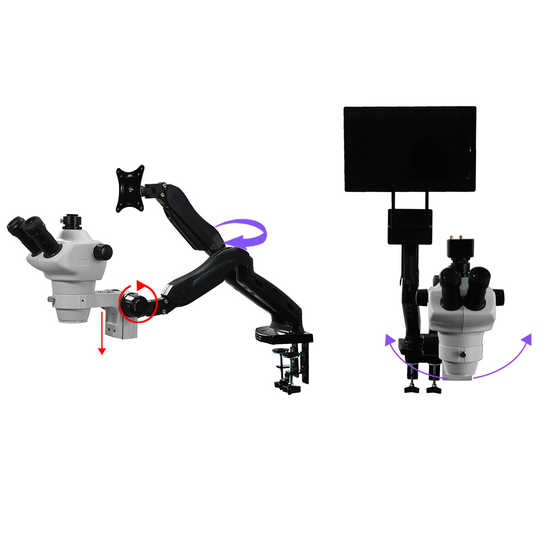 8X-50X Widefield Zoom Stereo Microscope, Trinocular, Pneumatic Articulating Arm Table Clamp + Monitor Holder