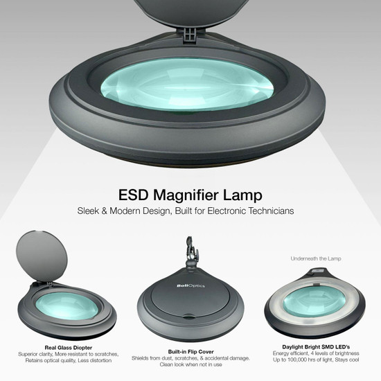 ESD 6 Diopter (2.5X) LED Magnifying Lamp with Clamp - 5-inch Glass Lens and Flip Cover