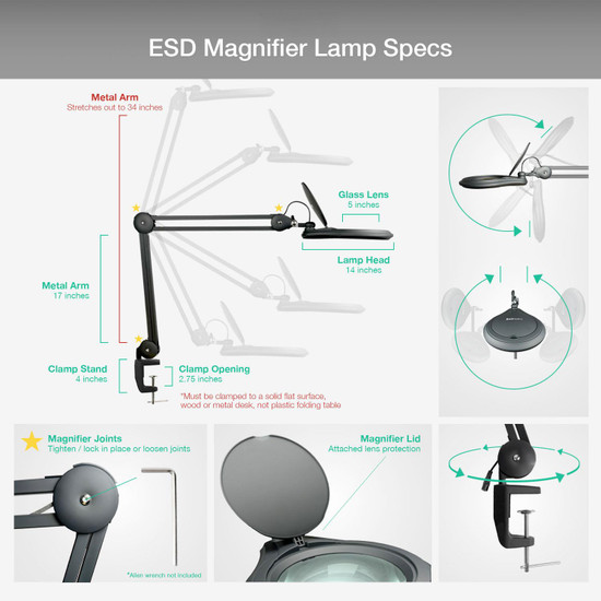 ESD 6 Diopter (2.5X) LED Magnifying Lamp with Clamp - 5-inch Glass Lens and Flip Cover